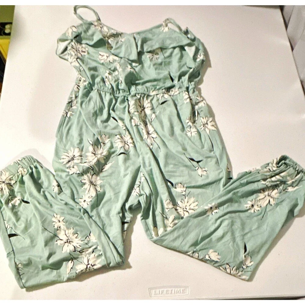 Love, GLAMG Green/White Floral Ruffle V-Neck Strappy Jumpsuit Girls: Size L